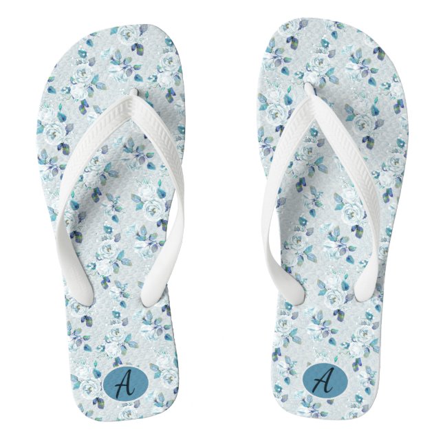 Chanclas Monograma del patrón floral azul turbio de cosecha (Plantilla)