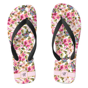 Chanclas Monograma del patrón floral rosa de la cosecha