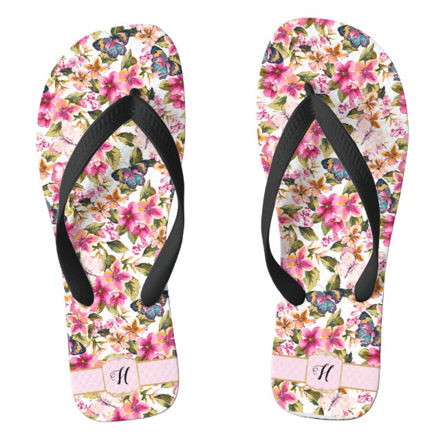 Chanclas Monograma del patrón floral rosa de la cosecha (Plantilla)