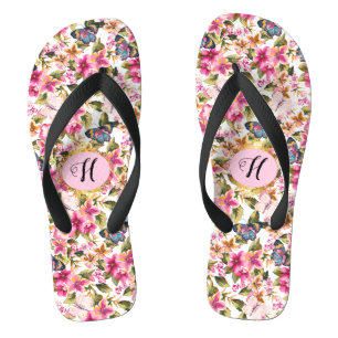 Chanclas Monograma del patrón floral rosa de la cosecha