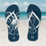 Chanclas Monograma del pulpo ruso azul ventilado<br><div class="desc">Personalizado imprimió sandalias "flip flop" con un ilustracion rústico de pulpo vintage náutico y su monograma personalizado u otro texto. Haga clic en Personalizar para cambiar los tipos de letra y los colores del texto o para agregar sus propias imágenes para crear un diseño único de un tipo.</div>