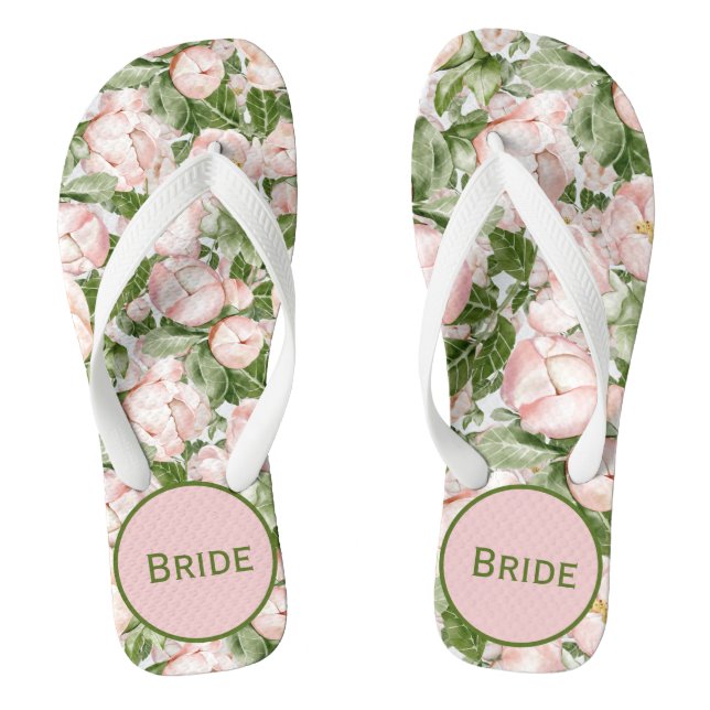 Chanclas Monograma elegante novia floral verde rosa (Plantilla)
