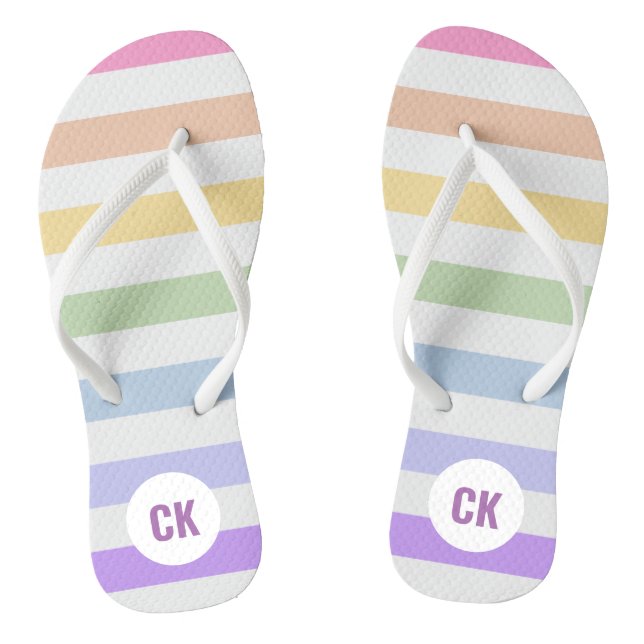 Chanclas Monograma en Círculo Blanco Rayas Arcoíris Pastel (Plantilla)