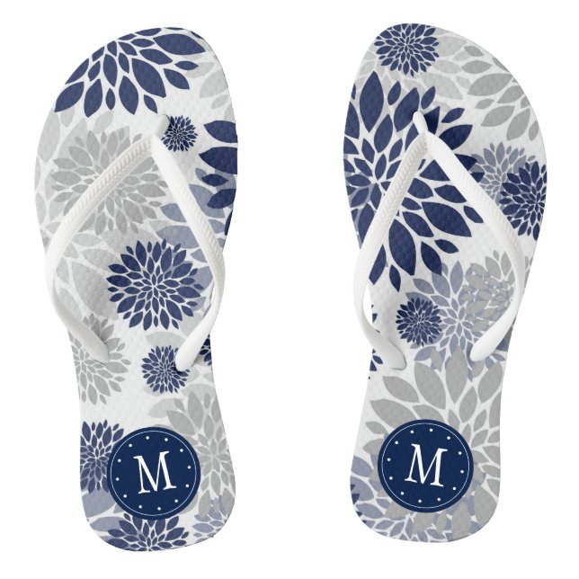 Chanclas Monograma floral gris azul de la marina (Plantilla)