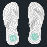 Chanclas Monograma Gris y Aqua Trellis<br><div class="desc">Personalizado imprimió sandalias "flip-flop" con un elegante diseño moderno y un monograma personalizado u otro texto en un marco circular. Haga clic en Personalizar para cambiar los tipos de letra y los colores del texto o para agregar sus propias imágenes para crear un diseño único de un tipo.</div>