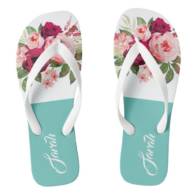 Chanclas Monograma hermosa acuarela floral Azul Borgoña (Plantilla)