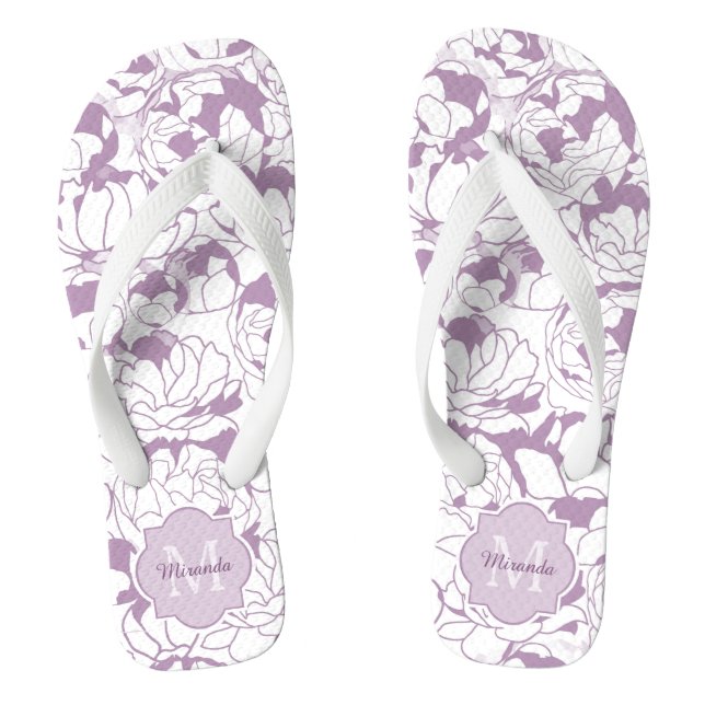 Chanclas Monograma moderno con flor morado con nombre (Plantilla)