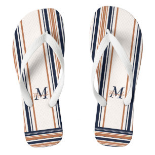 Chanclas Monograma Moderno de Rayas Blancas Azul y Dorado