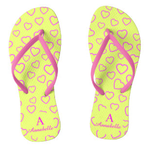 Chanclas Monograma Patrón cardíaco amarillo rosado