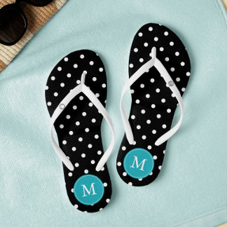 Chanclas Monogramado de puntos de polka negros y acuáticos