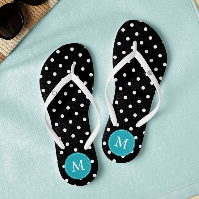Chanclas Monogramado de puntos de polka negros y acuáticos (Subido por el creador)