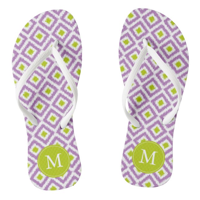 Chanclas Monogramado del patrón de ikat morado y verde (Plantilla)