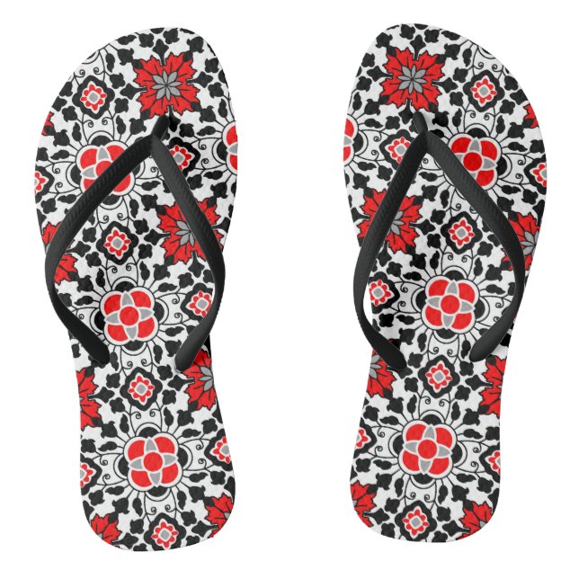 Chanclas Mosaico floral marroquí, rojo profundo, negro y bl (Plantilla)