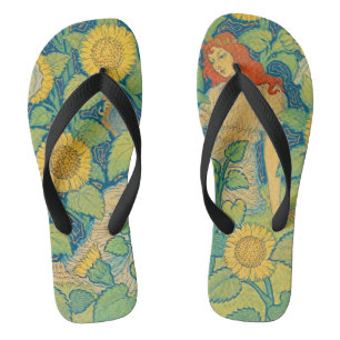 Chanclas Mujer niña de las flores en jardín de girasoles