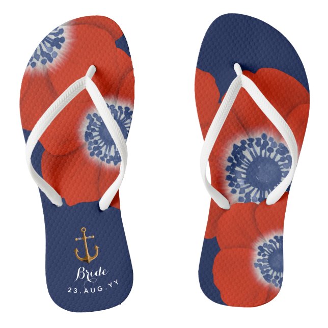 Chanclas Nautical Navy Blue Red Cascading Anemones Bride (Plantilla)