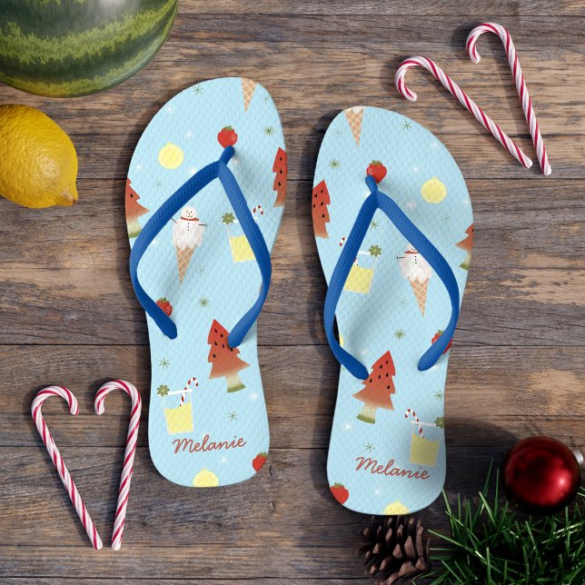 Chanclas Navidades en julio lindo patrón de verano azul (Ideal for your beach vacation during summer or Christmas, these can be customized with your name)