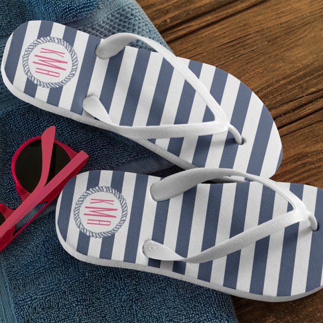Chanclas Navy & White Nautical Stripe w/ Pink Monogram (Subido por el creador)