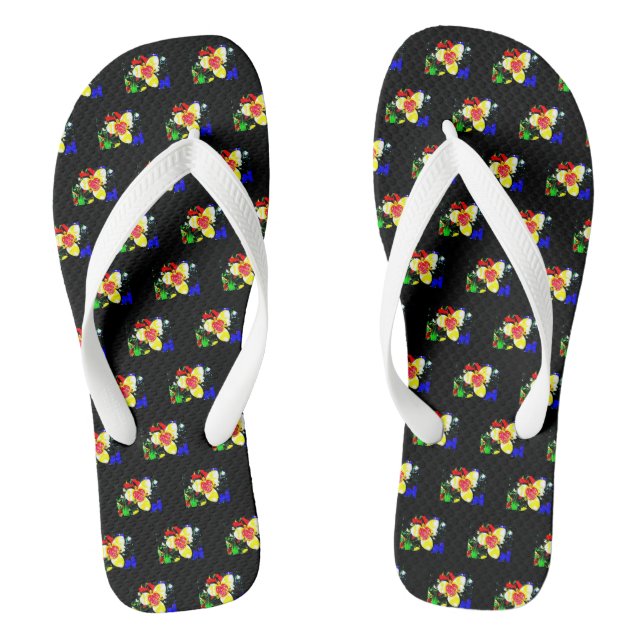 Chanclas negro inusual con estampado de flores amarillas y  (Plantilla)