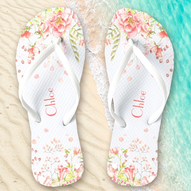 Chanclas Nombre floral romántico Rosa blanco (Romantic Floral Name White Pink Flip Flops)