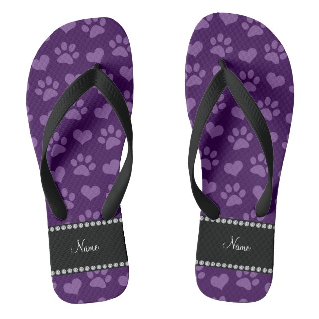 Chanclas Nombre personalizado: corazones púrpura y huellas  (Plantilla)
