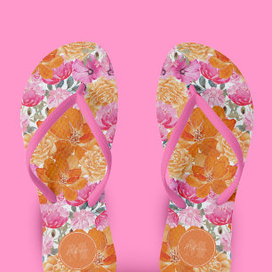 Chanclas Nombre personalizado de Jardín floral rosa y Naran
