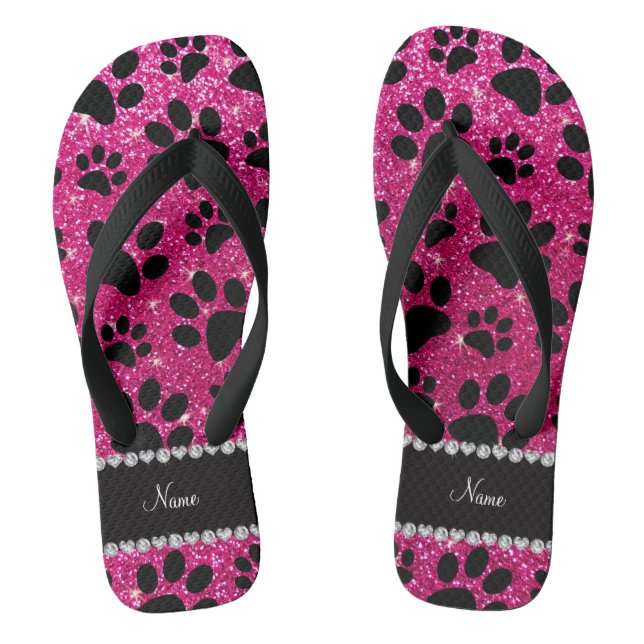 Chanclas Nombre personalizado neón rosado purpurina negro p (Plantilla)