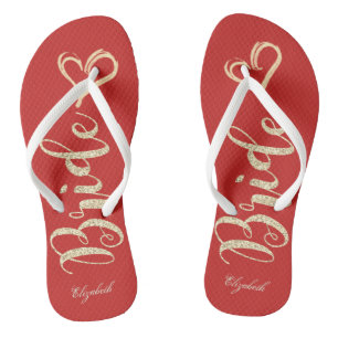 Chanclas Novia con brillo dorado, Corazón, Rojo -Personaliz
