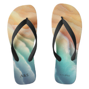 Chanclas Océano Verde Rosa Playa VERANO Acuarela Elegante