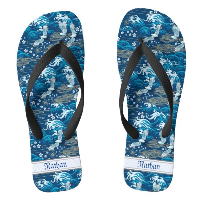 Chanclas Olas de Patrón Chino Azul Vintage Grullas Nubes (Plantilla)