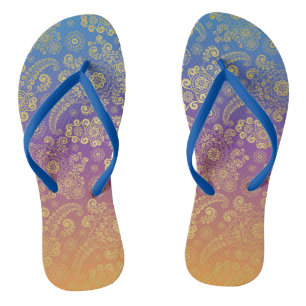 Chanclas Paisley de lujo dorado sobre azul, púrpura y Naran