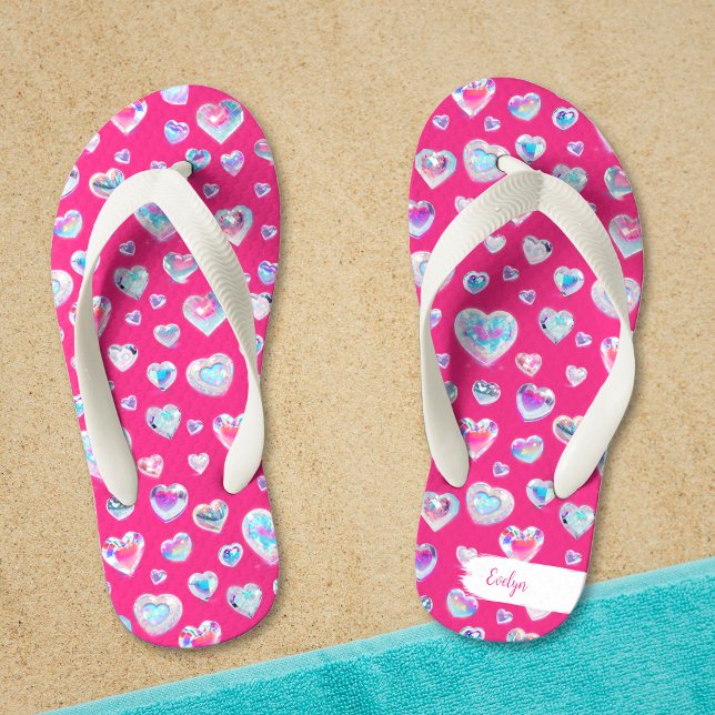Chanclas Para Niños Bonito 3D Sparkly Crystal Gemstone Hearts on Pink (Subido por el creador)