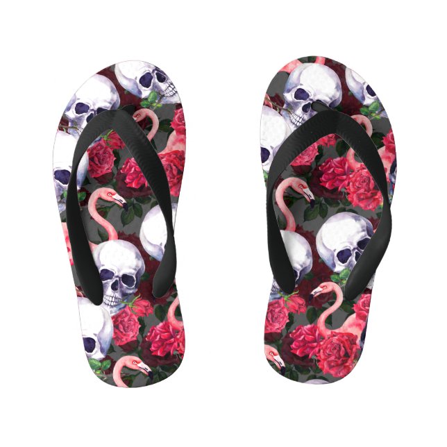 Chanclas Para Niños Calavera floral, flamingo sin costuras. (Plantilla)