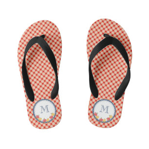 Chanclas Para Niños Chicas en monograma de flor de gingham de época ro
