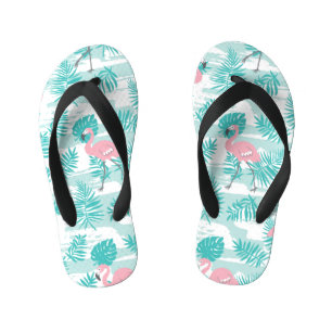 Chanclas Para Niños Flamencos rosas, hojas de palma verdes, tropicales
