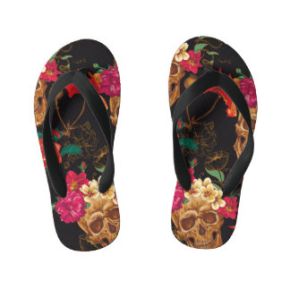 Chanclas Para Niños Flores De Calavera: Fondo Oscuro Sin Marea.