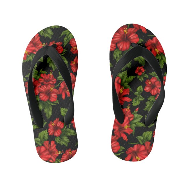 Chanclas Para Niños Flores rojas en el fondo negro (Plantilla)