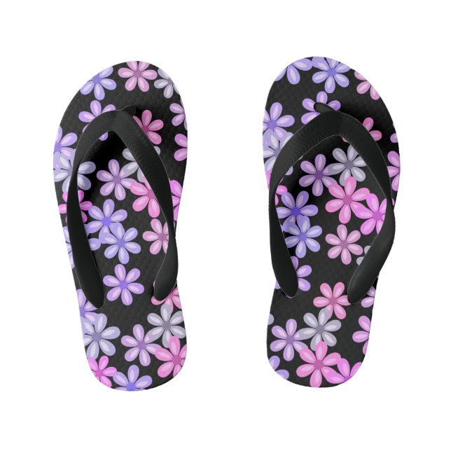 Chanclas Para Niños Flores rosas y moradas en negro (Plantilla)