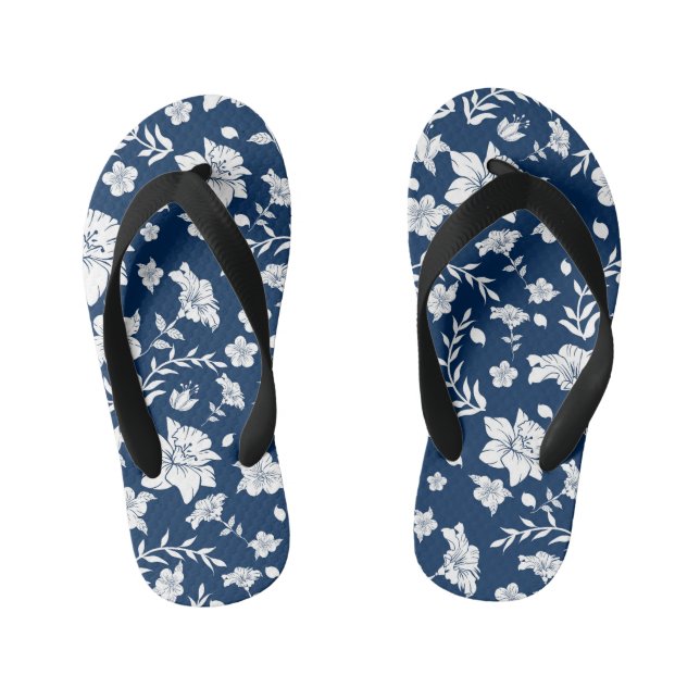Chanclas Para Niños Fondo de la marina Floral blanca Flip Flops (Plantilla)