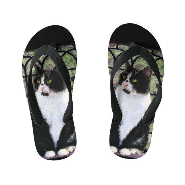 Chanclas Para Niños Gato de Tuxedo en la ventana Pintura de arte anima (Plantilla)