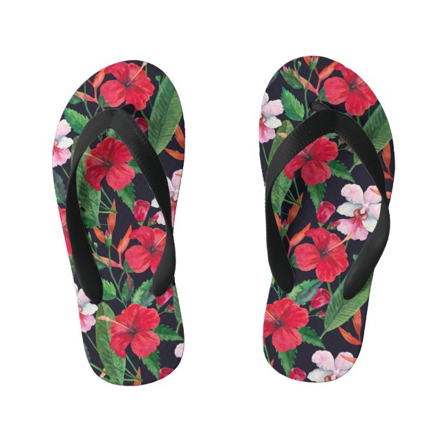 Chanclas Para Niños hibiscos rojos, orquídeas, acuarela tropical. (Plantilla)