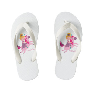 Chanclas Para Niños Linda chica de pelo amarillo montando un unicornio