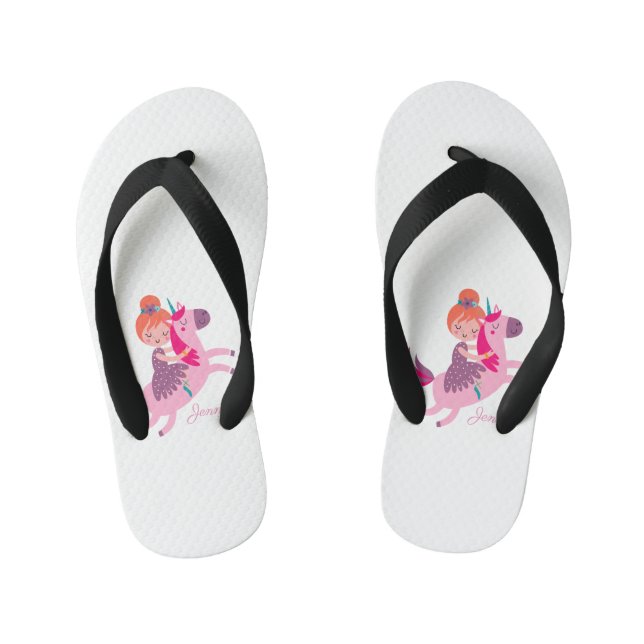 Chanclas Para Niños Linda niña pelirroja montando un unicornio (Plantilla)