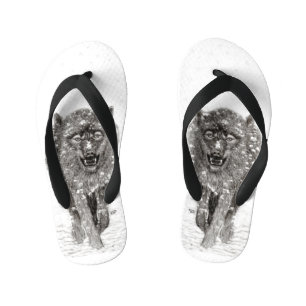 Chanclas Para Niños Lobo negro enojado en la nieve, invierno salvaje