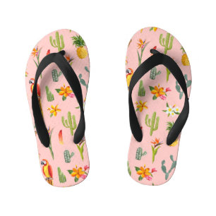 Chanclas Para Niños Loro Tropical, Patrón Vintage de Cactus.
