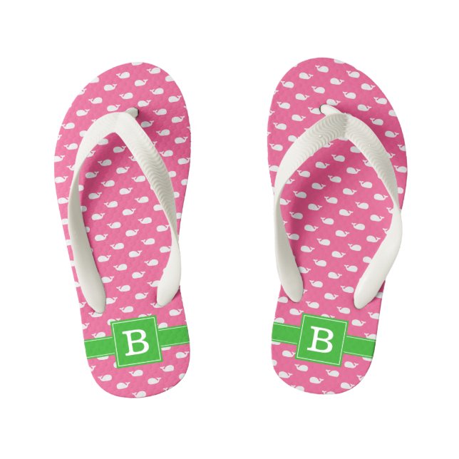 Chanclas Para Niños Monograma de la plaza de ballenas verdes y rosadas (Plantilla)