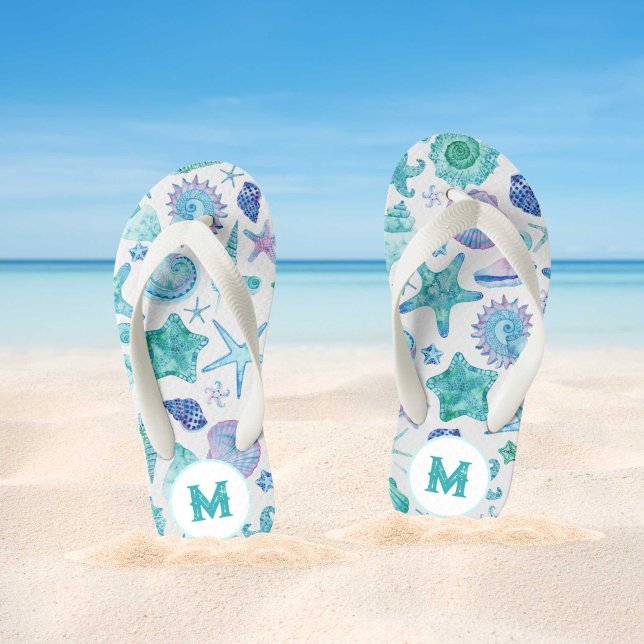 Chanclas Para Niños Monograma de las cubetas acuáticas y la estepa (Watercolor Sea Shells and Starfish Monogram Kid's Flip Flops)