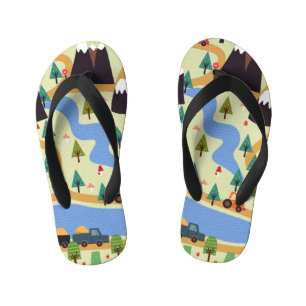 Chanclas Para Niños Montañas, ríos, bosque, patrón de autos.
