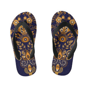 Chanclas Para Niños Oro y azul, floral sin costuras.