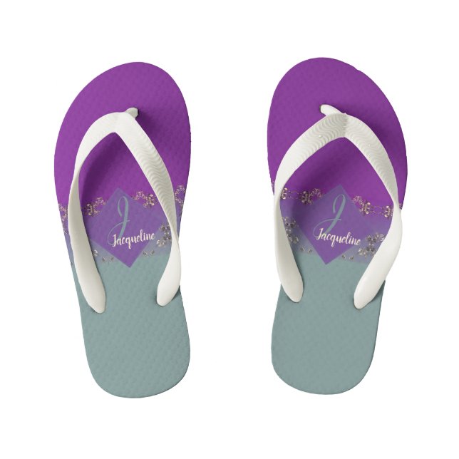 Chanclas Para Niños Pareja ornada morada Verde azulada de monograma de (Plantilla)