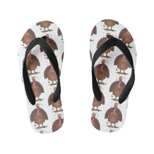 Chanclas Para Niños Pavo marrón divertido de granja con moscas caricat